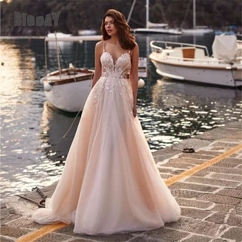 Елегантни сватбени рокли трапецовидна форма, женски булчинска рокля с отворен гръб за спагети презрамки, дантелено сватбена рокля с цепка във формата на сърце, панделка Vestidos De Noiva