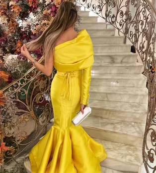 Жълти Вечерни рокли с едно рамо от Саудитска Арабия, мъниста, Сатенени рокли за абитуриентски бал в стил русалка, вечерни рокли в Дубай, дължина до пода