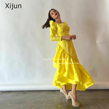 Жълти къси вечерни рокли Xijun с дълги ръкави с дължина до щиколоток, рокли за абитуриентски, официални рокли за бала от Саудитска Арабия за жени, елегантни 2023 г.