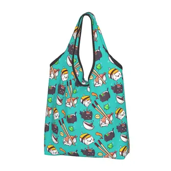 Забавна чанта за суши и котки, чанта за пазаруване, Kawaii Клиент, чанта през рамо, Преносима чанта с голям капацитет