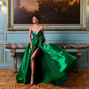 Зелени сатенени рокли за абитуриентски бал С висока цепка, женствена рокля с лък, Vestidos Новия, плиссированное вечерна рокля с пайети, празнична рокля знаменитост