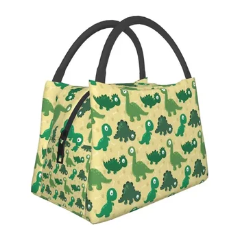 Изолирани чанти с хубав модел на динозавър за пикник сред природата, cartoony Джурасик период, водоустойчив термоохладитель, кутия за Bento за жени