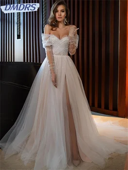 Класическа сватбена рокля цвят шампанско, секси сватбени рокли от тюл на точки с цепка отстрани, с дълги ръкави, Елегантна рокля с открити рамене.