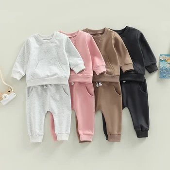 Комплект детска есенно-пролетни дрехи за момичета и момчета, однотонная ежедневни облекла за деца, блузи с дълги ръкави и джобове, капаци, комплект панталон