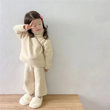 Корейската трикотажная дрехи за момичета, пуловер + панталони, 2 бр., дрехи за момичета, есенно-зимни дрехи за момичета, детски дрехи за тийнейджъри