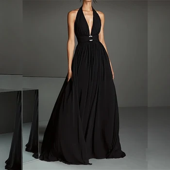 КСДН елегантна черна рокля за абитуриентски бал Halter V-образно деколте без ръкави облегалката гънка параклис влак формален повод красиви жени формален повод