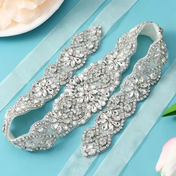 Луксозен сватбен колан за жени с кристали, сватбени кристали с дължина 22 инча с колан от бяла органза за сватбена рокля