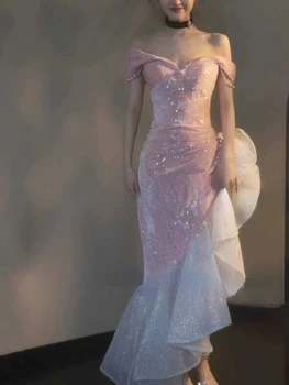 Луксозни Блестящи вечерни рокли с деколте лодка, бродирани с перли и пайети, Секси Дълги рокли на Русалка С Асиметрични една вълнообразна ръба