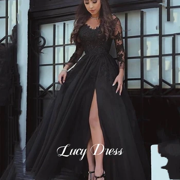 Луксозни вечерни рокли Lucy Long, дантелено цельнокроеное рокля, черна, абитуриентски бал, коктейл рокля трапецовидна форма, Сватбена официалната дамски парти, Женски Гала