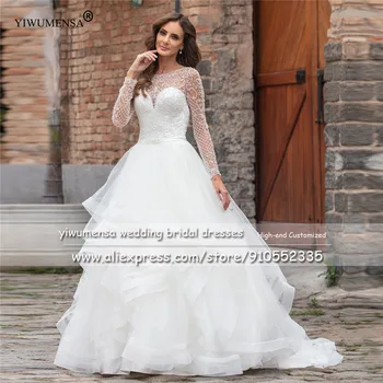 Луксозни Иллюзионные Сватбени рокли Трапецовидна форма от Буен тюл, украсени с кристали и мъниста, Сватбени рокли Принцеса известни личности A335