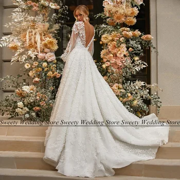 Луксозно бельо сватбена рокля с пищни ръкави и дълбоко V-образно деколте, луксозна сватбена рокля в катедралата трапецовидна форма, рокли за фотография, Robe Mariee