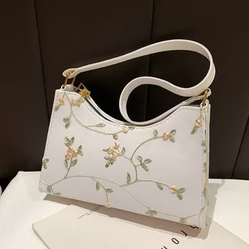 Лятна дамска чанта през рамо с дантела на цветя шевове 2023, чанти под мишниците от мека изкуствена кожа, плажна пътна чанта, малка чанта-тоут за момичета