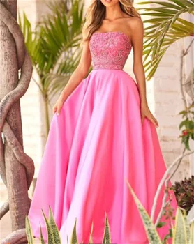 Лятото розова рокля за бала, бална рокля, расшитое мъниста, завързана пищна колан с диаманти, с дължина до пода, в елегантна вечерна рокля, на новост