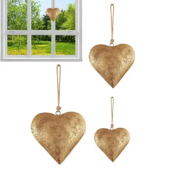 Метални завеси във формата на сърце, Железен украшение във формата на сърце с златни антични гарнитури, винтажное стенно изкуство под формата на метални сърца с гобеленовой въже