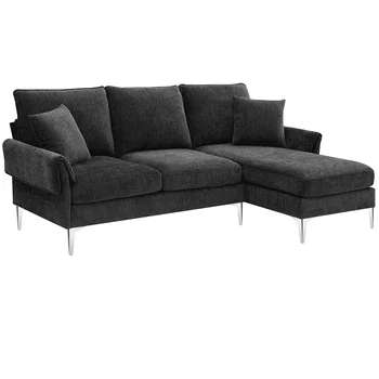 Модерен Разтегателен Секционни диван, Г-образен диван от шенилна с разтегателен шезлонг за хола на Апартамента (с 2 Възглавници)