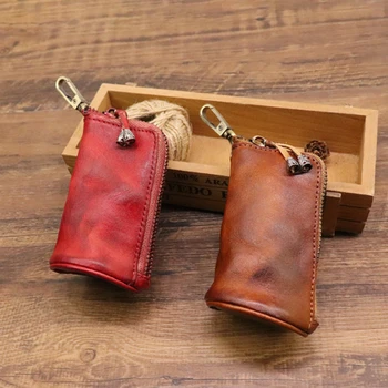 Мъжка кожена чанта за ключодържател, ключодържател, модни домашна чанта за съхранение с цип в ретро стил, двоен комплект ключове, чанта за ключовете от колата за мъже
