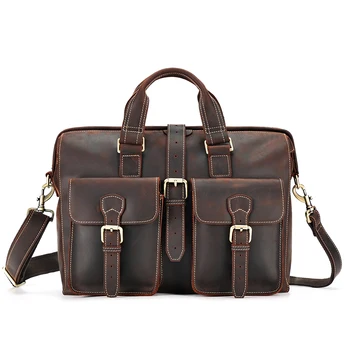 Мъжка чанта от естествена кожа с голям капацитет, 15,6-инчов Моноблочная чанта Crazy Horse, кожена бизнес чанта-портфейл в ретро стил