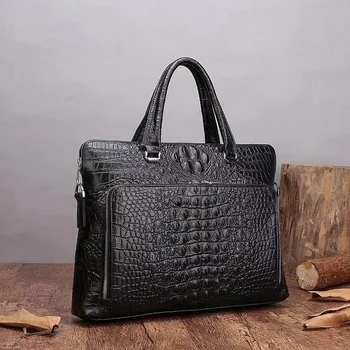 Мъжки портфейл от естествена кожа с крокодиловым модел, чанта за двоен цип за съвременния делови човек, чанта за лаптоп, луксозна чанта-месинджър през рамо