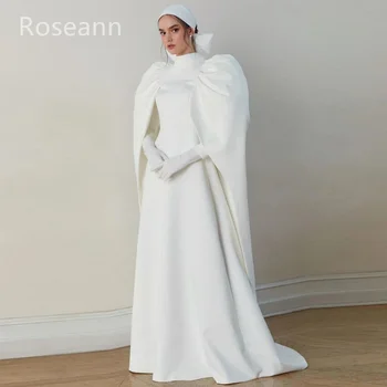 Мюсюлманска мода, Сатен Булчинска рокля с цвят на слонова кост 2023, Нов дизайн, шаферски Рокли с високо воротом и дълъг ръкав дължина до пода, robe de mariée