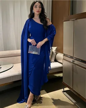 Мюсюлманските вечерни рокли от шифон кралския син цвят, трапециевидное плиссированное вечерна рокля с едно рамо с дължина до щиколоток, елегантна вечерна рокля