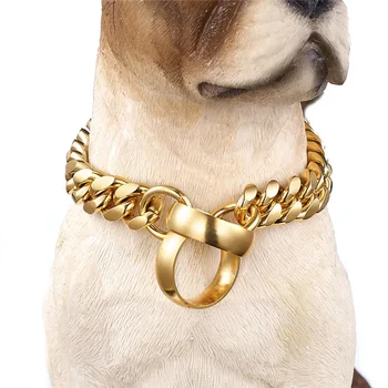 Нашийник-верига за кучета от неръждаема стомана 14 мм, метален тренировъчен нашийник за домашни любимци тип P, дебелина 18-каратово злато, сребърна огърлица за кучета за питбуля