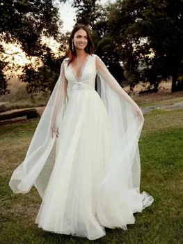 Нов лек прозрачен тюлевый деколте с кръстосан колан ниспадающие ръкави меко красива елегантна вечерна рокля сватба