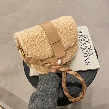 Нова зимна дамска чанта през рамо, оплетена каишка, седельная чанта за подмишниците, отличен плюшен кожа чанта, Дизайнерска чанта