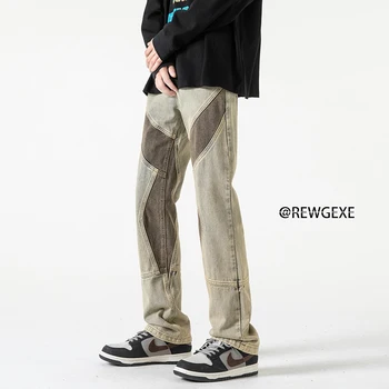 Нова реколта мъжки дънки High Street Директни тесни дънкови панталони в стил хип-хоп, асиметрия в стил мозайка, Корейски моден тренд, ретро, Дънки