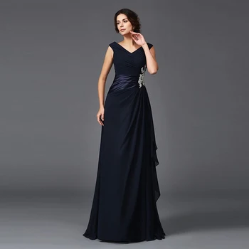Нови доброто тъмно сини рокли за майката на булката с V-образно деколте по цялата дължина, сватбени рокли без ръкави с волани и аппликацией