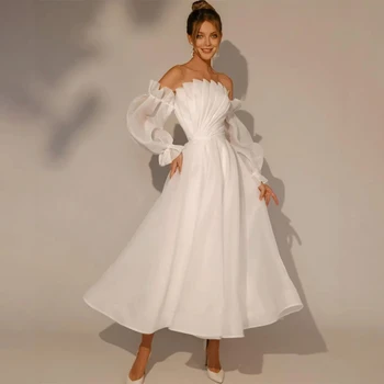 Ново бяло елегантна вечерна рокля за жените, трапецовидна форма, без презрамки, рокли за абитуриентски бал с пищни ръкави и отворена на гърба, рокли за официални събития D10200