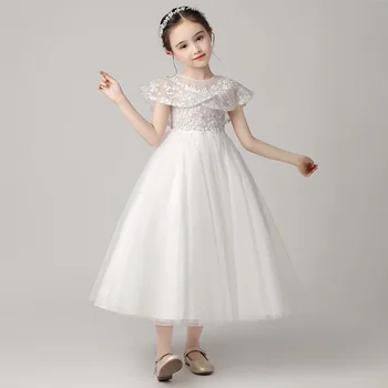 Ново детско сватбена рокля за именинницы, дантелено рокля средна дължина на принцеса Pengpeng Dress