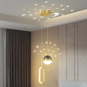 Окачен лампа за спалня в скандинавски стил, нова модерна проста нощна полилей с двойна глава, креативна проекционная лампа sky star