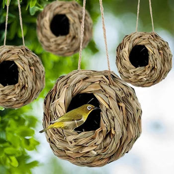 Окачен Птичи Къщичка-гнездо от 4 Опаковки За Улиците, Ръчно изработени От Естествена Трева 12 Х 12 см За Градини, Тераси, Стволовете на дървета