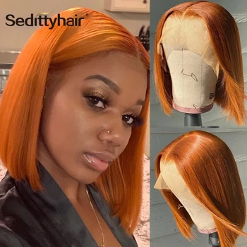 Оранжево-червен перука-боб 13x4, прозрачни перуки, изработени от човешка коса на дантели отпред За жени, бесклеевой перука от човешки косъм, готови за носенето на