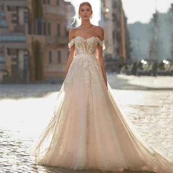 Очарователно рокля с открити рамене, сватбени рокли, прекрасни дантелени апликации, тюлевый струята, сватбената рокля на принцеса на поръчка