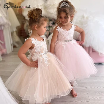 Пищни рокли за малки момичета, дантелени рокли за момичета с цветове от слонова кост, сладка рокля на принцеса за момиченца, дрехи за сватбени партита, детски рокли за деца