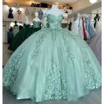 Пищни рокля Lorencia Mint 2024 Дантела и Апликация Пайети, Мъниста Голям Лък Мексикански Корсет Sweet 16 Vestidos De XV 15 Anos YQD428