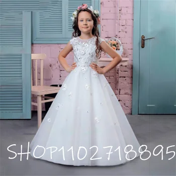Пищни тюлевое рокля с цветя модел за момичета в цветенце, детска лейси апликация, рокля за причастие за момичета, облекло за сватбеното парти за момичета 2020 г.