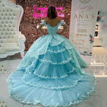 Приказно Буйни Рокли цвят Синьо Езеро Vestidos De 15 Anos Ръчно изработени С 3D Цветен Аппликацией И Дантела Sweet 16 Princess Party Dresses