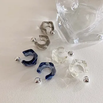 Прозрачни Акрилни обеци с диаманти, с неправилна форма, Корейски прости Метални обици-халки с топки за момичета, мода декорация