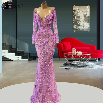 Прозрачни виолетови вечерни рокли 2021 г., по-големи размери, Русалка, дълги ръкави, бродирани с мъниста, Дубай, Арабските вечерни рокли на известни личности в Близкия Изток