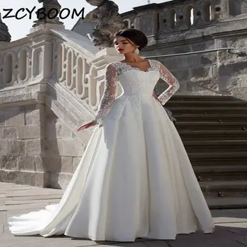 Прости Елегантни сватбени рокли на Русалка от бял сатен с дълъг ръкав 2024 Дантелени апликации Придворни шаферски рокли с влак Плюс Размер за жени