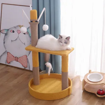 Рамка за катерене за котки и къща на дърво, вграден небесен стълб, Малка платформа за скокове за котки, интерактивни играчки с двойно легло, стоки за домашни любимци от масивно дърво