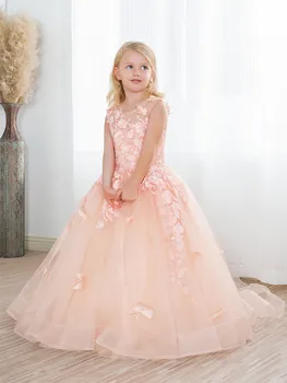 Реална снимка Тюлевое принцеса рокля с цветя модел за момичета, бална рокля без ръкави с пеперуди, празнична рокля за момичета