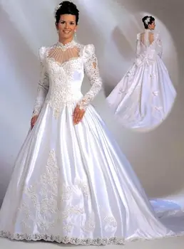 Реколта булчинска рокля на 1980-те години, с дълъг ръкав, лейси апликация в ретро стил, расшитая мъниста горловина, кралския струята, сватбени рокли принцеса