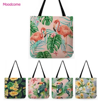 Розово цвете е с тропически растения, Птици Фламинго, Птици, Toco, Палма в джунглата, Лятна плажна чанта, Водоустойчив памучен бельо чанта през рамо