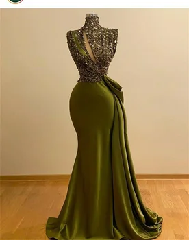 Рокли за бала Хънтър Green Русалка, Винтажное вечерна рокля с високо воротом, Дълга вечерна рокля за Саудитска Арабия