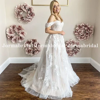Романтичната цветна апликация, булчински рокли в стил бохо, сватбена рокля с открити рамене, скъпа, плюс размера на сватбена рокля в градината за булката 2022 г.