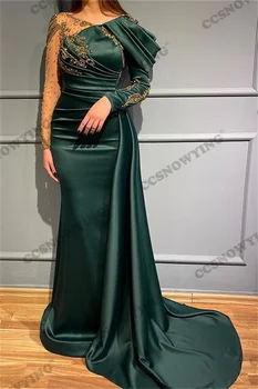 Сатен апликация Вечерни рокли на Русалка С дълъг ръкав Вечерна рокля Жени Арабски Кафтан Халат Soiree De