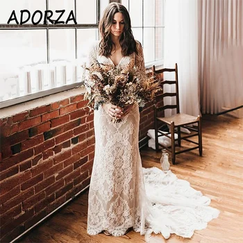 Сватбена рокля ADORZA с 3/4 ръкави и кружевными апликации, Сватбена рокля с отворен гръб, Елегантният Придворен струята под формата на Русалки, Vestido De Noiva за булката